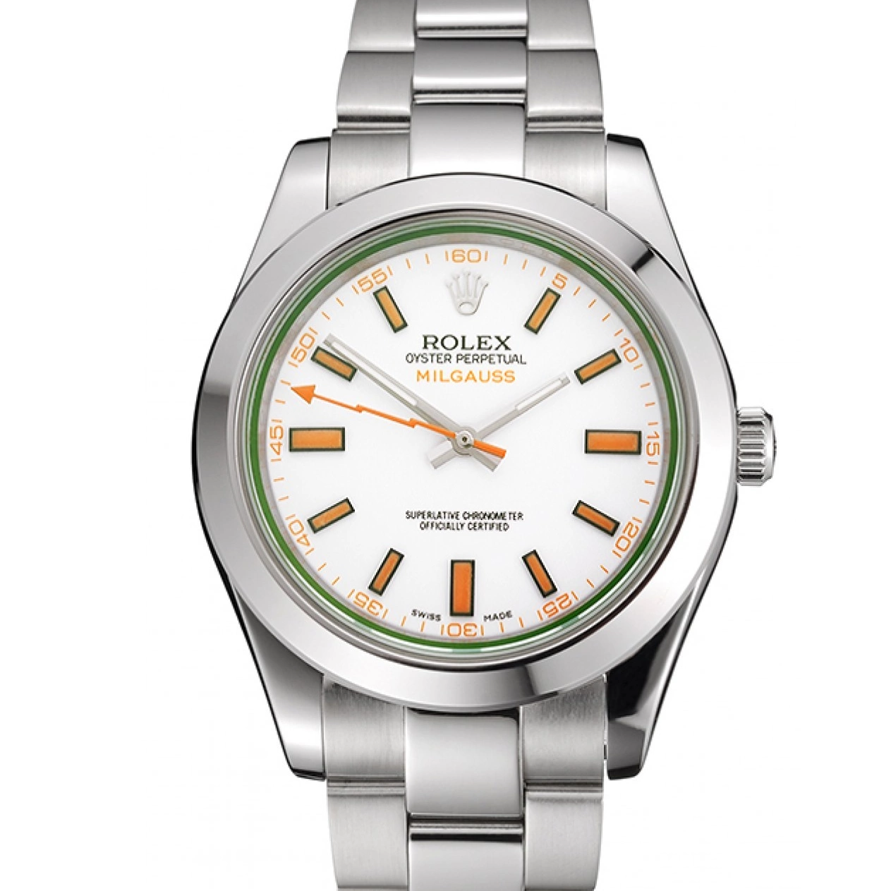 Aaa replica watch Steel Markings Case Orange Dial And White Swiss Stainless Rolex Milgauss Bracelet 0731
